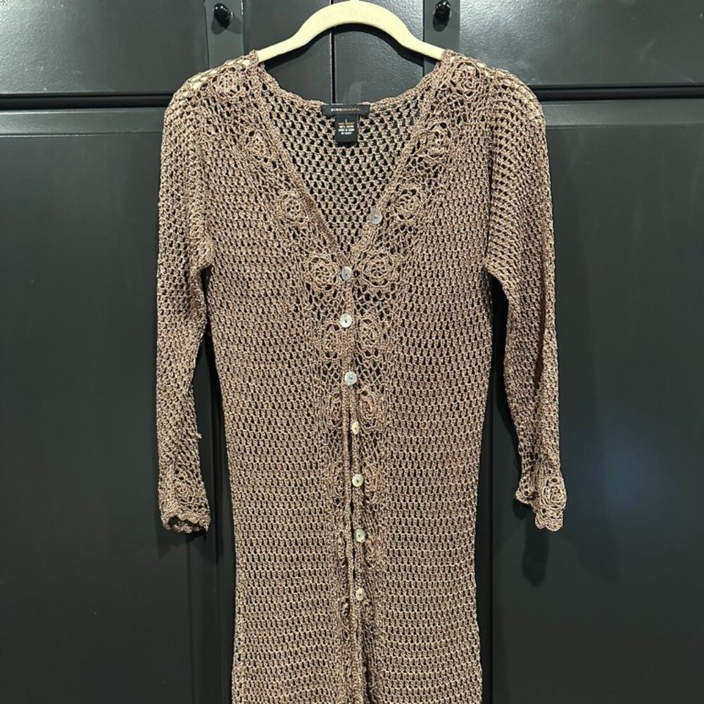 BCBG Max Azria Tan Hand Crocheted Lace Midi Duster
